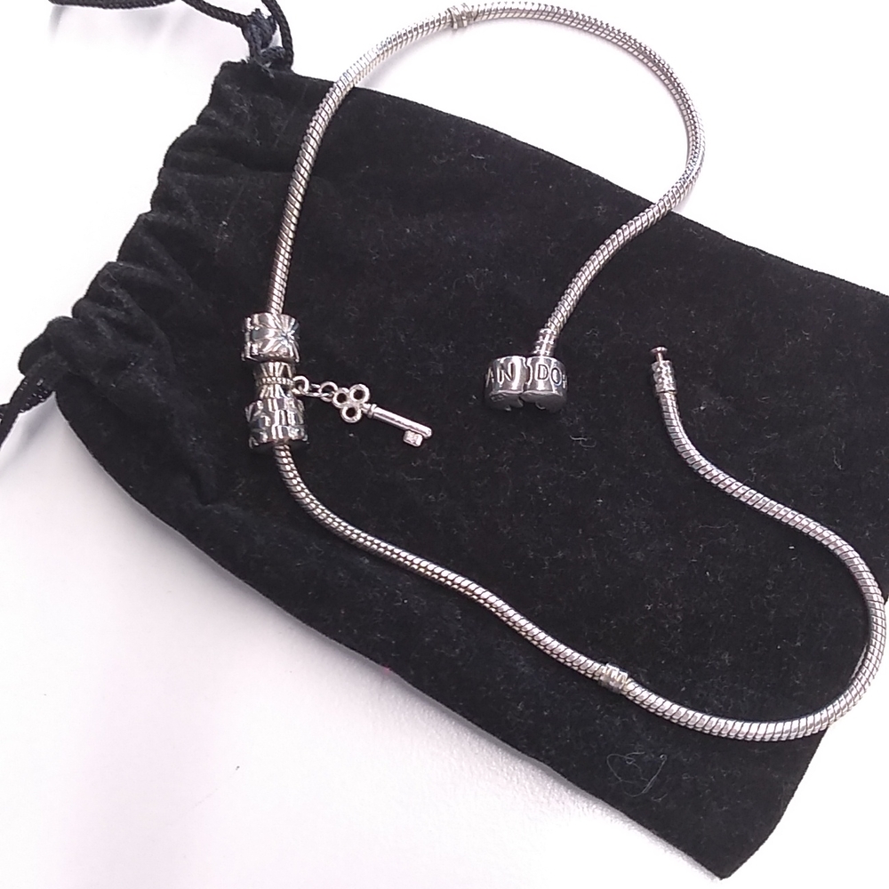 Authentic Pandora 17.7" Knotted Snake Necklace with a Key Charm